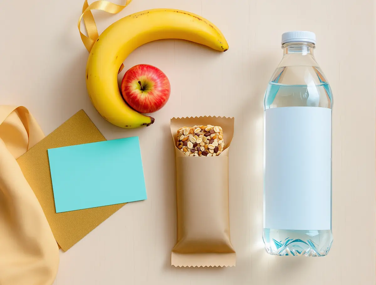 A banana, an apple, a wholegrain bar in plain paper and a bottle of water on a light table.