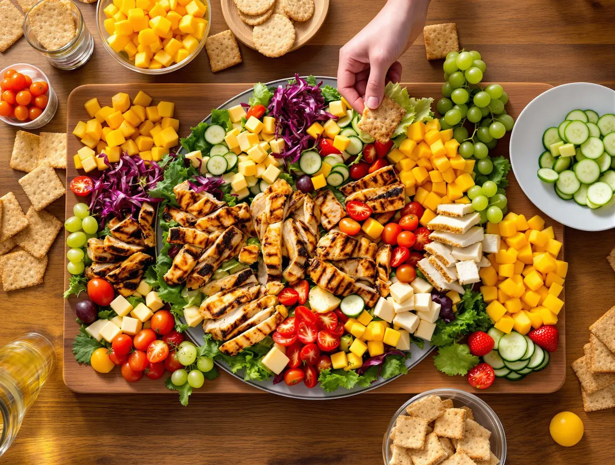 A large shared platter of grilled chicken, cheese, wholegrain crackers, rainbow salad, mango, grapes and strawberries.