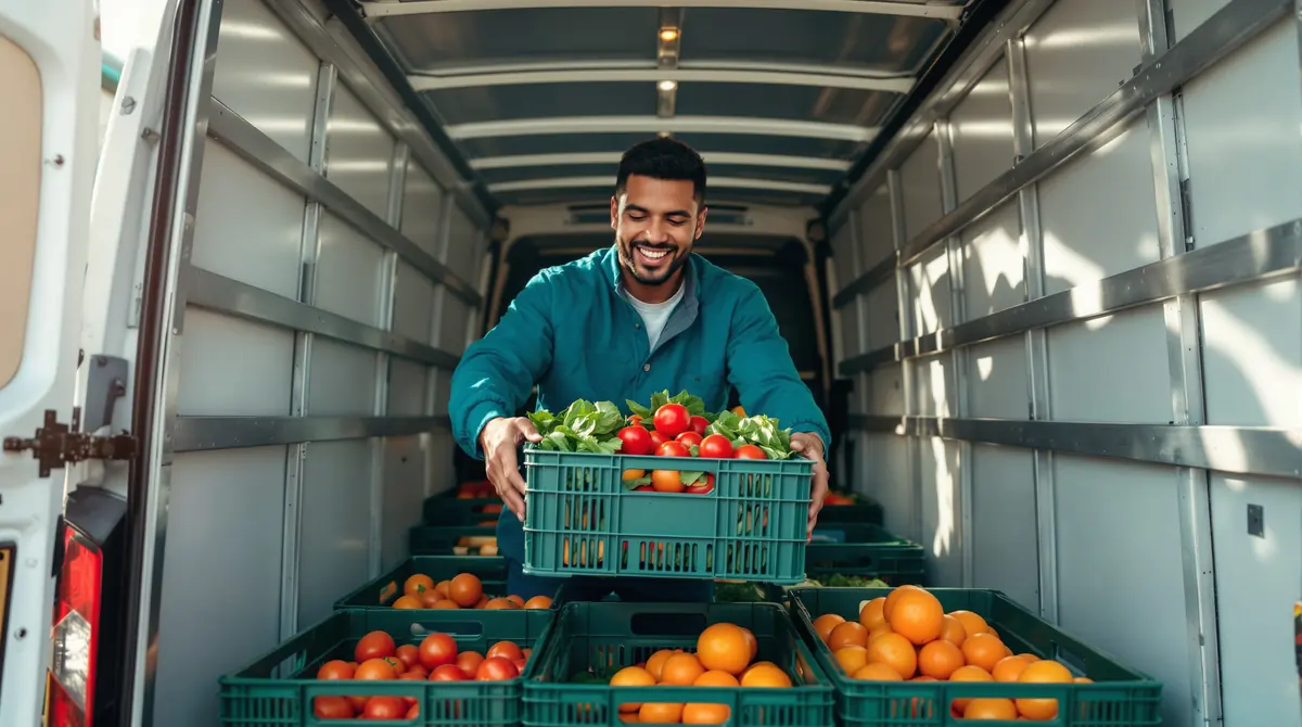 A worker lifts a crate of fresh tomatoes and greens into a refrigerated van lined with crates of produce.