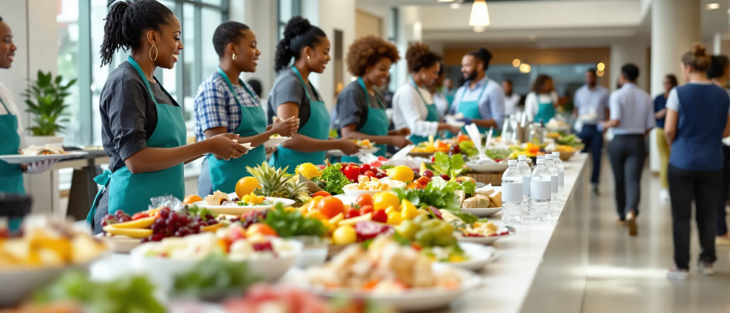 Staff in teal aprons serve fresh platters, fruit and water to employees at a wellness-day food station in a bright office atrium.